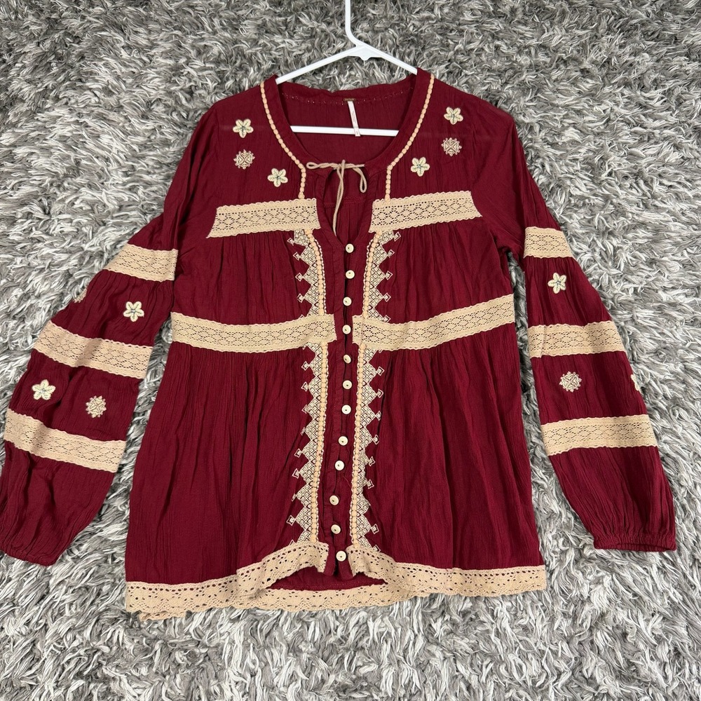 Free People Burgundy Embroidered Crochet Lace Boho Peasant Blouse Top Small
